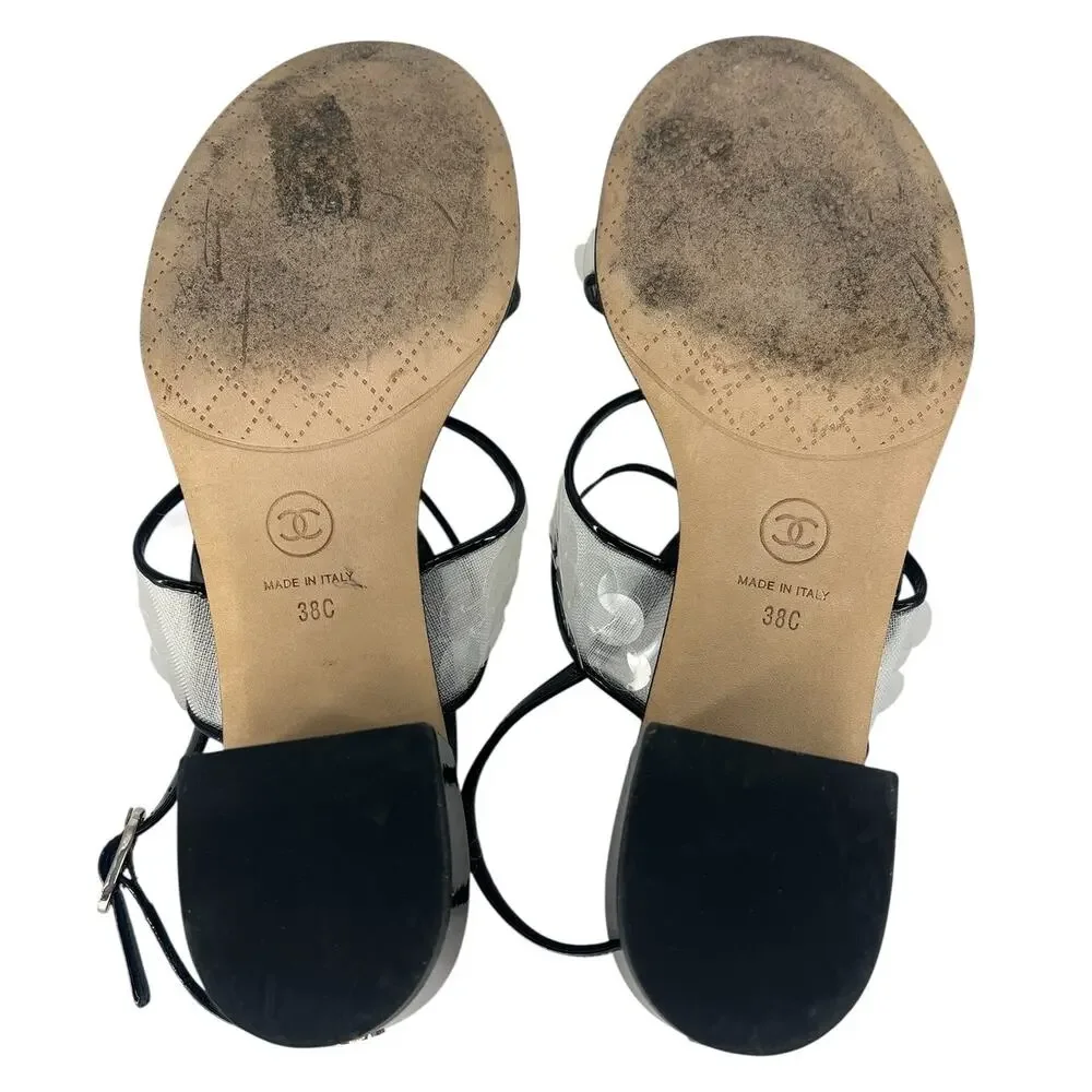 Chanel 2017 Sequin‎ Patent Leather Trim CC Heel Sandals 38C